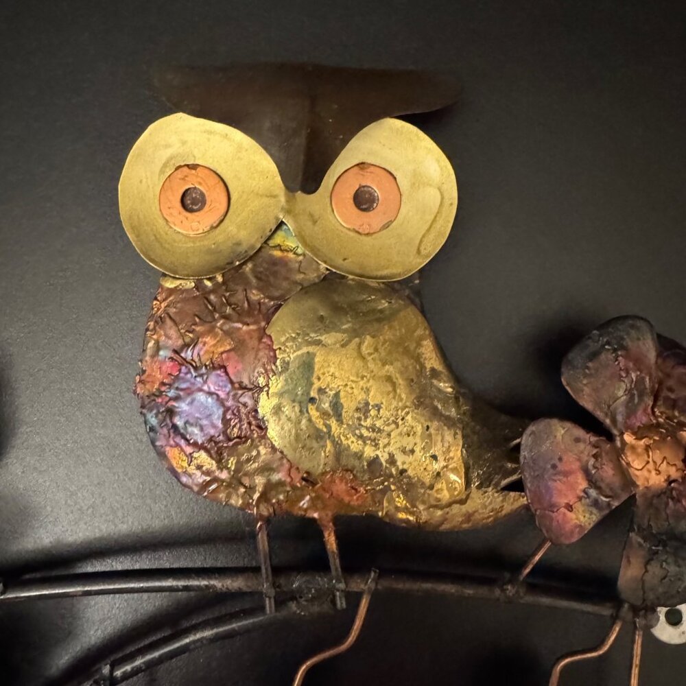 Metal Owl Wall Art With Flowers & Hooks Rustic Handcrafted Design Multi-Color - Picture 3 of 16